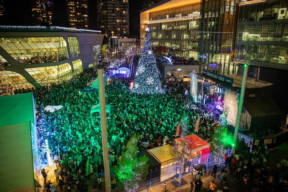 Large sprawling festival crowd surround tree at moment of tree lighting